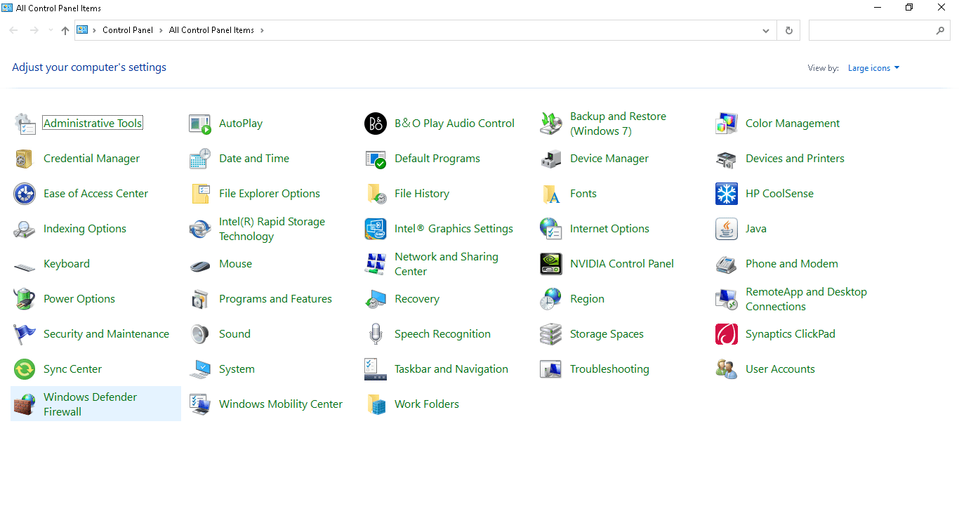 WindowsDefenderファイアウォールをクリックします