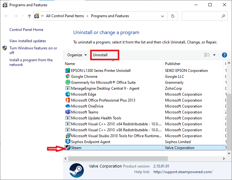Sekarang, klik Steam dan pilih opsi Uninstall seperti yang digambarkan pada gambar di bawah ini.