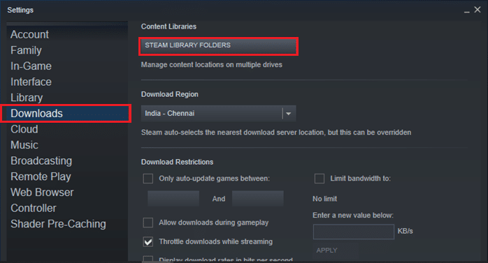 Sekarang, klik Unduhan dari panel kiri dan pilih FOLDER PERPUSTAKAAN STEAM di bawah Perpustakaan Konten.