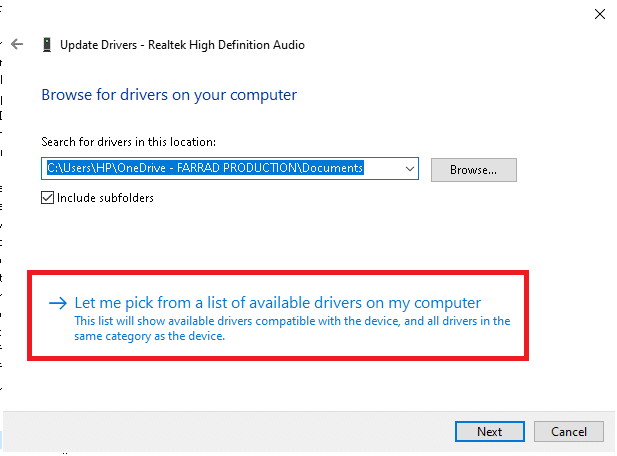 그런 다음 내 컴퓨터에서 드라이버 찾아보기를 클릭하고 내 컴퓨터에서 사용 가능한 드라이버 목록에서 직접 선택을 클릭합니다.