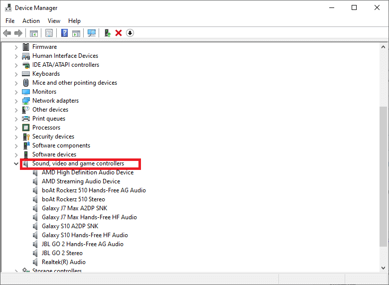 사운드, 비디오 및 게임 컨트롤러 섹션을 확장합니다. Windows 10에서 소리가 계속 끊기는 문제 수정