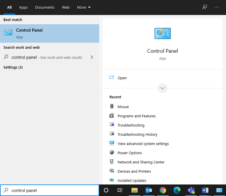 اضغط على مفتاح Windows الخاص بك واكتب لوحة التحكم في شريط البحث