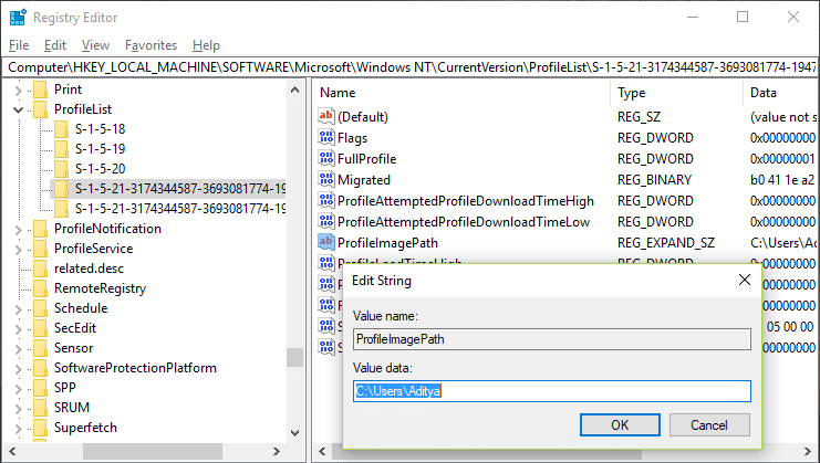 Temukan subkunci ProfileImagePath dan periksa nilainya yang seharusnya menjadi akun pengguna Anda