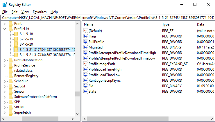 Di bawah ProfileList akan ada subkunci yang dimulai dengan S-1-5