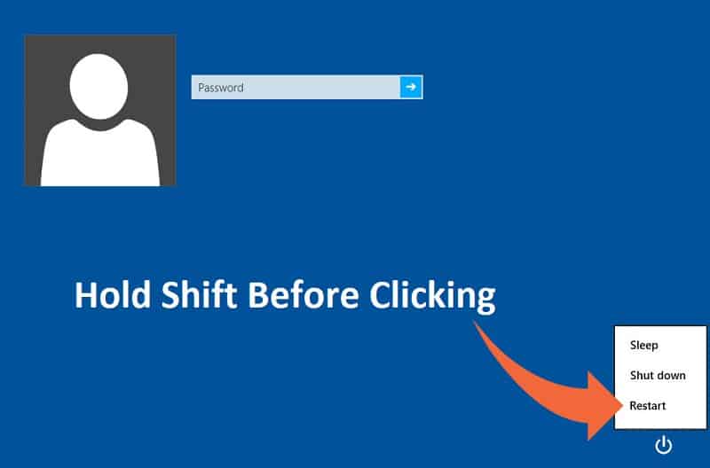 klik tombol Power lalu tahan Shift dan klik Restart (sambil menahan tombol shift).