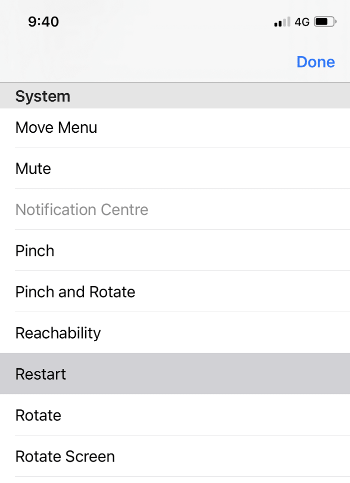 เลื่อนลงเมนูแล้วแตะรีสตาร์ท