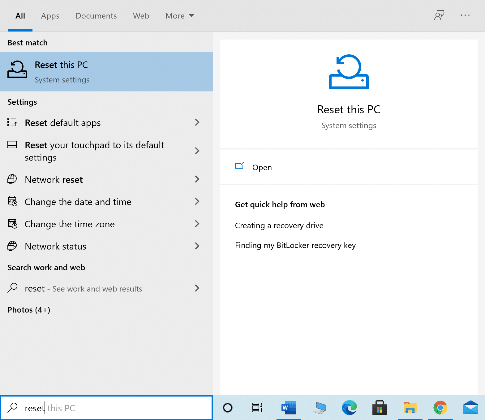 Windows aramasında reset yazın ve Bu Bilgisayar arama sonucunu sıfırlayın. yüksek CPU kullanımı Windows 10 nasıl düzeltilir