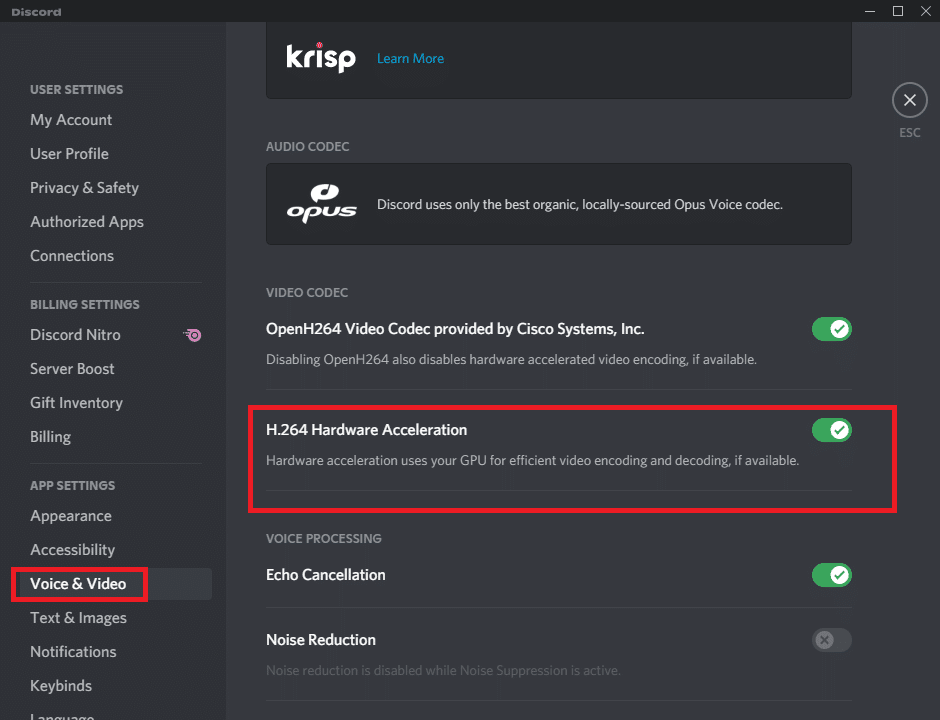 ハードウェアアクセラレーションメニューに移動し、設定をオンに切り替えます。 Discord GoLiveが表示されない問題を修正