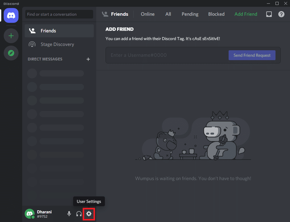 Discordを起動し、画面の左下隅にある歯車のアイコンをクリックします| Discord GoLiveが表示されない問題を修正