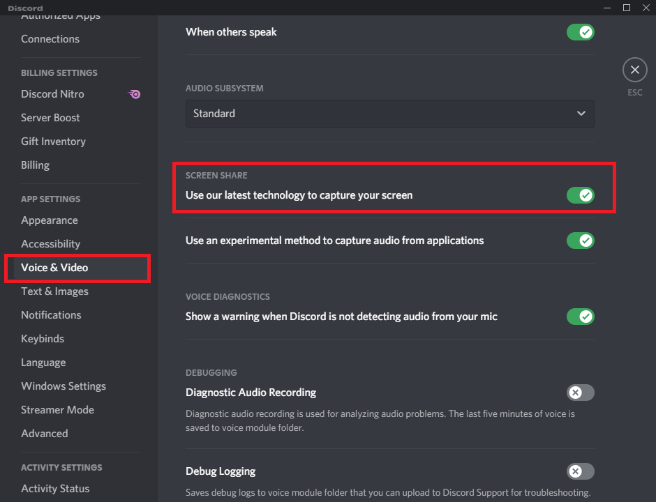 設定をオンに切り替え、最新のテクノロジーを使用して画面をキャプチャします。 Discord GoLiveが表示されない問題を修正