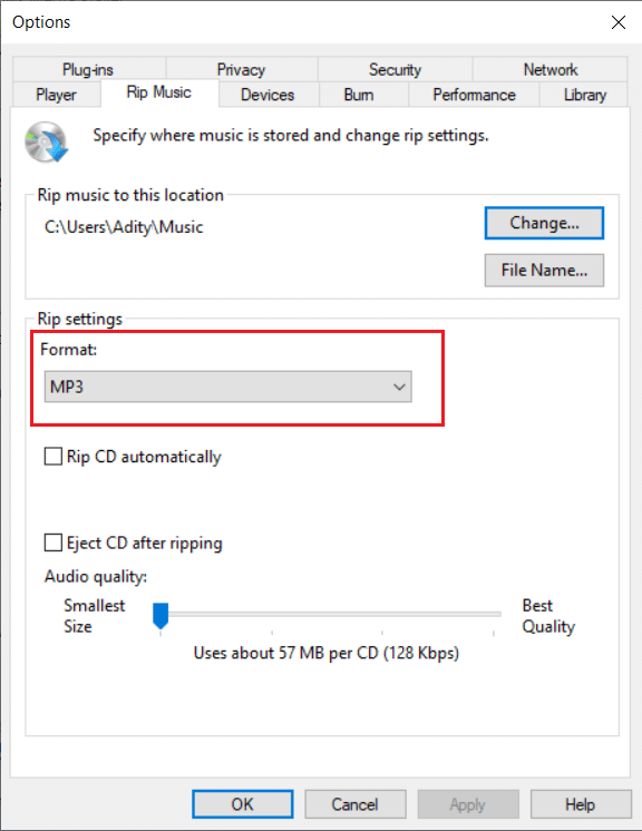 حدد MP3 من القائمة المنسدلة Format ، كما هو موضح. استيراد قرص مضغوط إلى iPhone