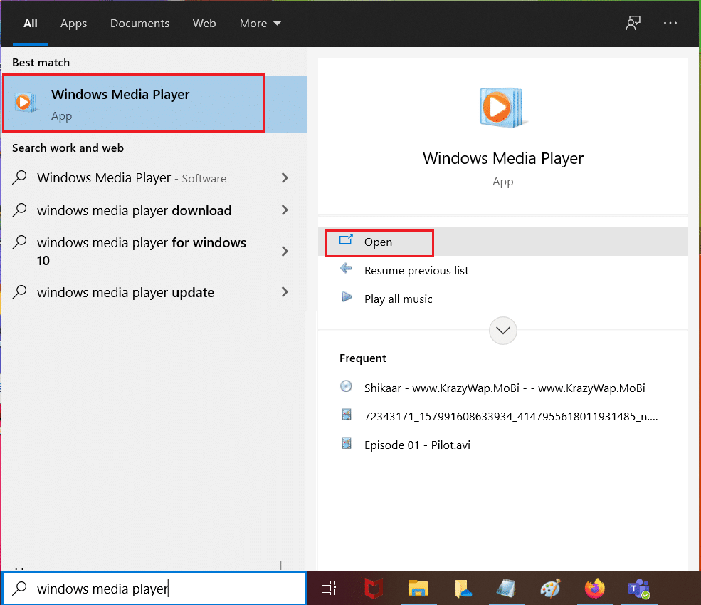 بحث وفتح windows media player