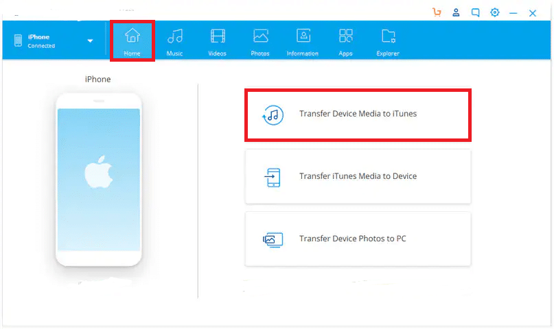 انتقل إلى الشاشة الرئيسية وانقر فوق "نقل وسائط الجهاز إلى iTunes".