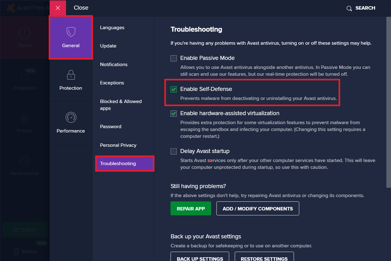 ปิดใช้งานการป้องกันตัวเองโดยทำเครื่องหมายที่ช่องถัดจาก "เปิดใช้งานการป้องกันตัวเอง"