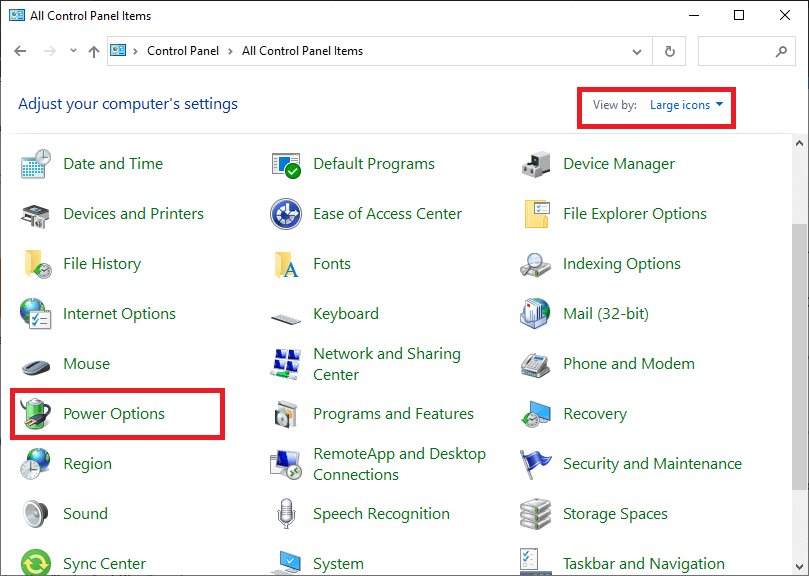 ตอนนี้ตั้งค่า View by as Large icons & เลื่อนลงมาและค้นหา Power Options | แก้ไขทรัพยากรระบบไม่เพียงพอที่มีอยู่เพื่อทำให้ API Error สมบูรณ์