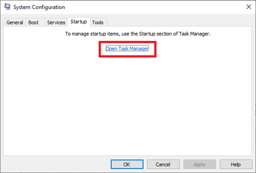 ตอนนี้ สลับไปที่แท็บ Startup แล้วคลิกลิงก์เพื่อ Open Task Manager | Windows 10: วิธีแก้ไขทรัพยากรระบบไม่เพียงพอเพื่อให้ข้อผิดพลาด API สมบูรณ์