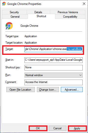 Qui, digita –no-sandbox alla fine del testo. | Come risolvere Google Chrome continua a bloccarsi