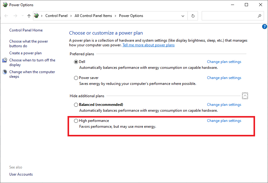 Sekarang, klik Sembunyikan paket tambahan dan klik Kinerja tinggi. Perbaiki masalah penurunan bingkai League of Legends