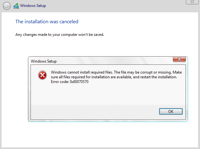 Correction de Windows ne peut pas installer les fichiers requis 0x80070570