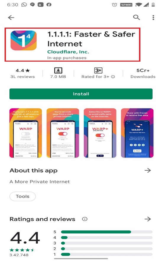 Cari 1.1.1.1 atau Cloudflare pada bilah pencarian yang diberikan di bagian atas layar. Ketuk Instal