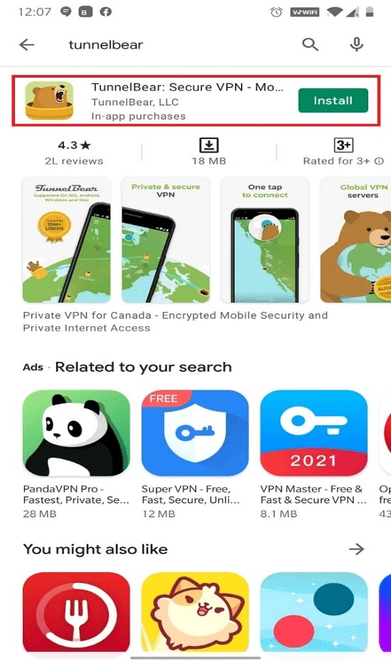 Cari Tunnel Bear di bilah pencarian yang diberikan di bagian atas layar dan ketuk Instal. cara mengakses situs yang diblokir di android
