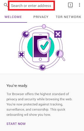 Bilah pencarian Tor Browser