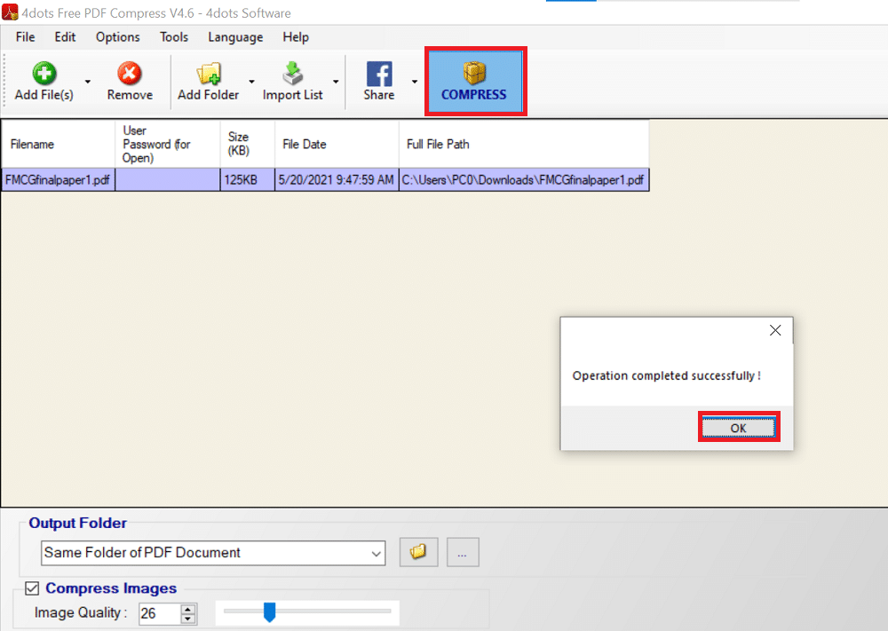 화면 상단에 있는 압축 탭을 클릭하고 확인을 클릭합니다. 품질을 잃지 않고 PDF 파일 크기를 줄이는 방법