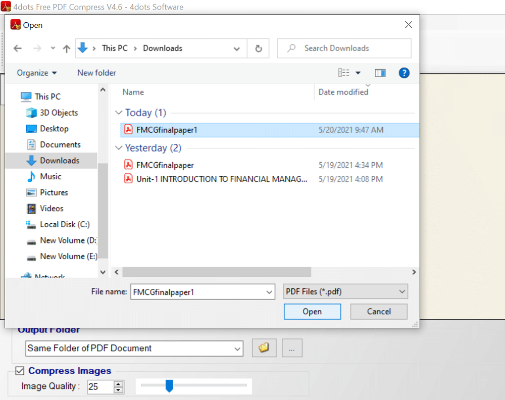 장치에서 추가하려는 파일을 선택하고 열기를 클릭합니다. 품질을 잃지 않고 PDF 파일 크기를 줄이는 방법