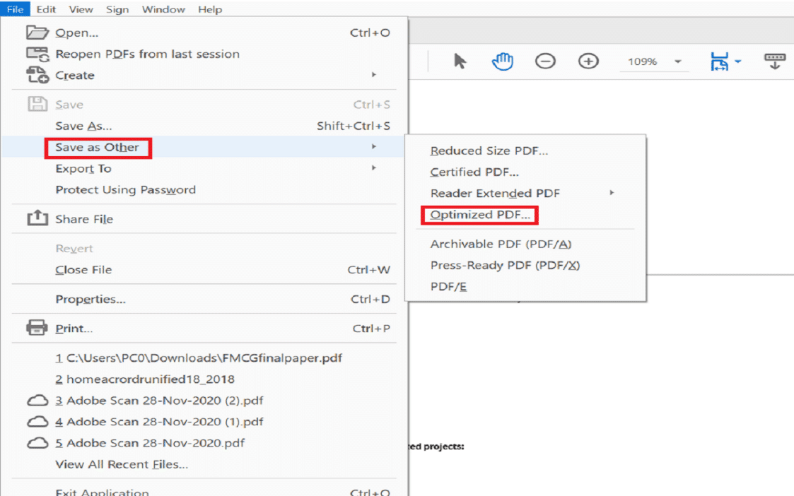다른 이름으로 저장을 클릭하고 최적화된 PDF로 이동합니다.