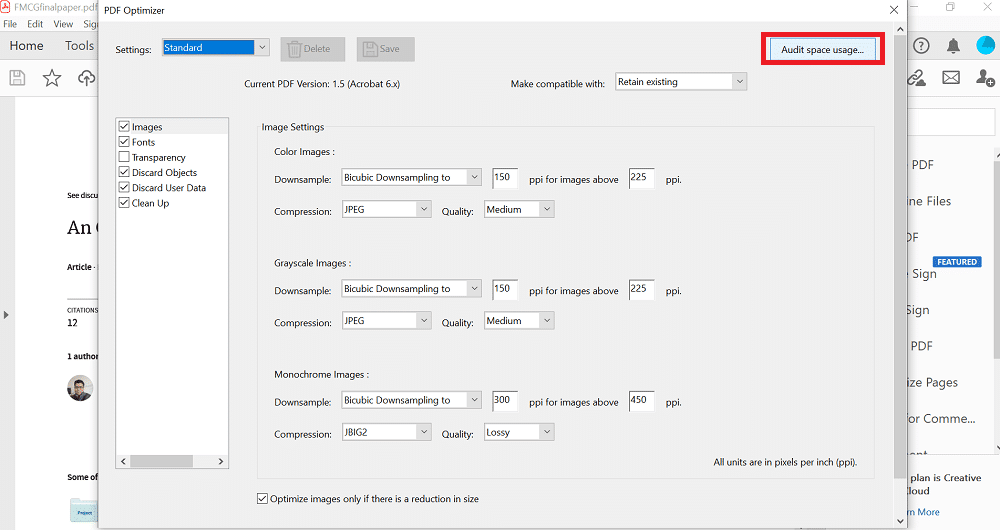 팝업의 오른쪽 상단 모서리에 있는 감사 공간 사용을 클릭합니다. 품질을 잃지 않고 PDF 파일 크기를 줄이는 방법