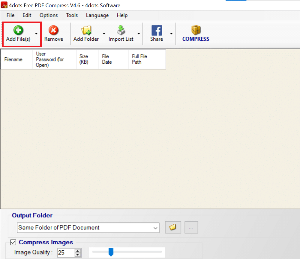 4dots Free PDF Compress를 다운로드하여 설치합니다. 그것을 열고 파일 추가로 이동하십시오.