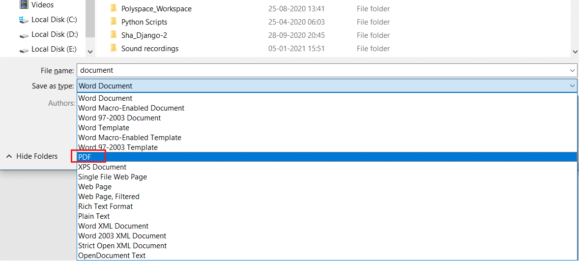 파일 형식 드롭다운 옵션에서 PDF를 선택하여 단어를 pdf로 변경