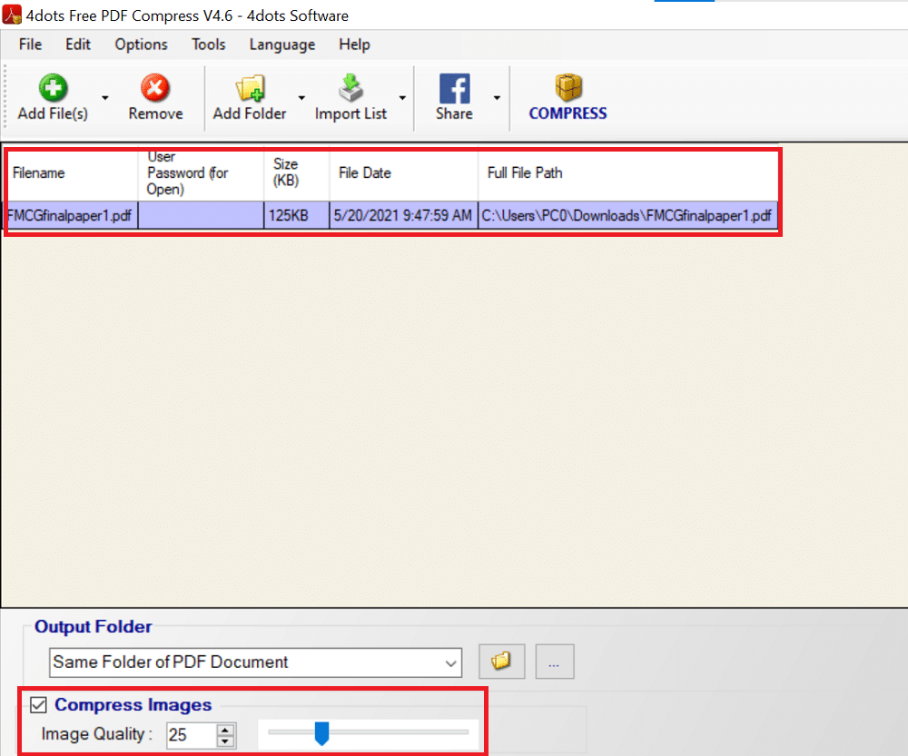 화면 하단의 이미지 압축 아래에 있는 막대를 사용하여 이미지 품질을 조정합니다.