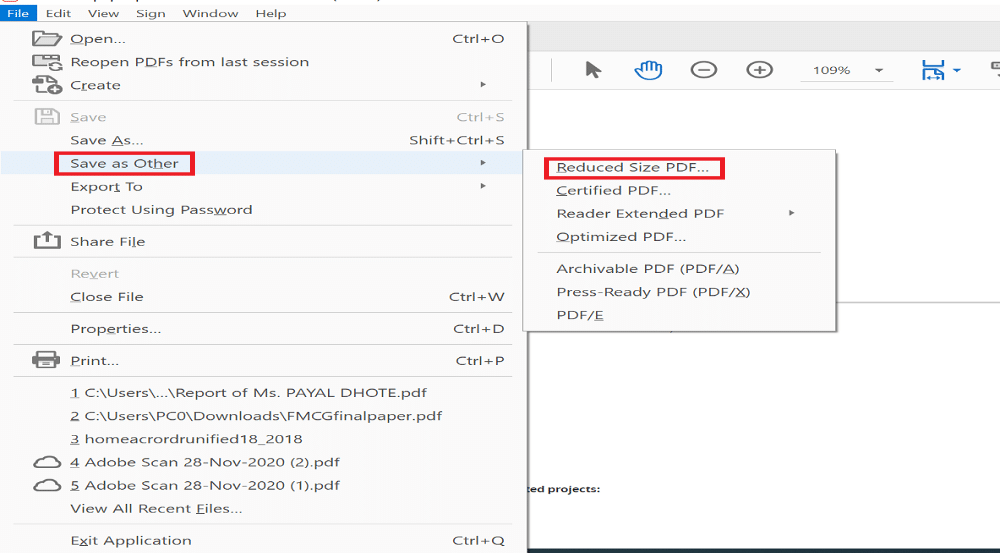 파일로 이동한 다음 다른 이름으로 저장 및 축소된 크기 PDF로 이동합니다. 품질을 잃지 않고 PDF 파일 크기를 줄이는 방법