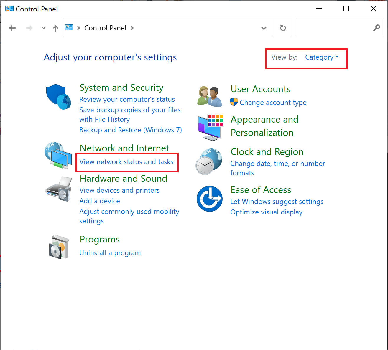 Pergi ke Lihat menurut dan pilih Kategori. Kemudian klik Lihat status dan tugas jaringan
