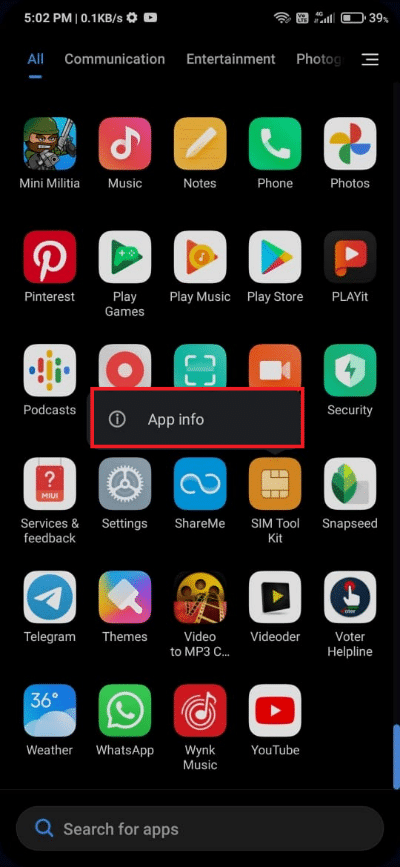 Premi a lungo il Sim Tool kit e fai clic su Informazioni app. Correzione Sfortunatamente il processo com.android.phone si è interrotto