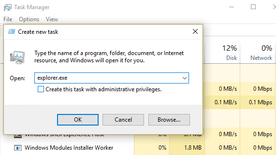cliquez sur fichier puis sur Exécuter une nouvelle tâche et tapez explorer.exe cliquez sur OK