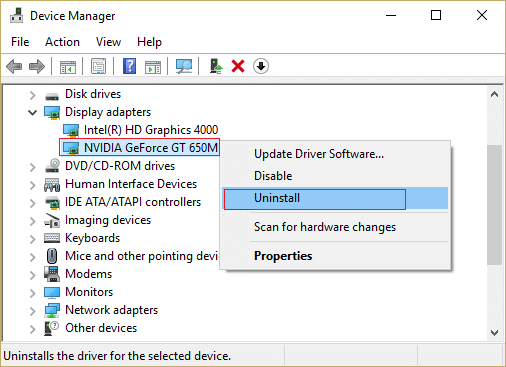 faites un clic droit sur la carte graphique NVIDIA et sélectionnez désinstaller