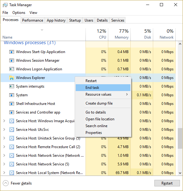 faites un clic droit sur l'Explorateur Windows et sélectionnez Fin de tâche