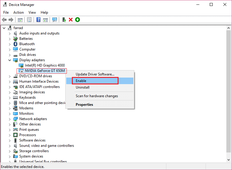 faites un clic droit sur votre carte graphique Nvidia et sélectionnez Activer