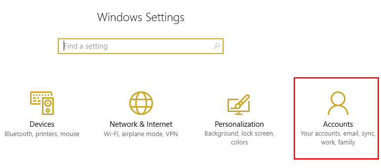 Dans les paramètres Windows, sélectionnez Compte
