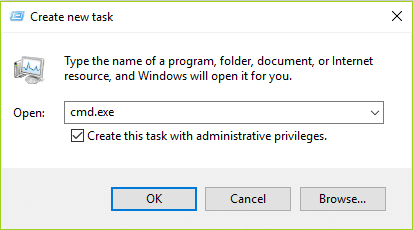 tapez cmd.exe dans créer une nouvelle tâche, puis cliquez sur OK