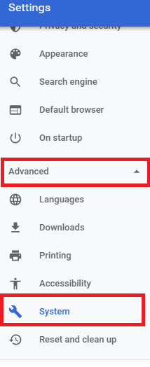 ตอนนี้ขยายส่วนขั้นสูงที่บานหน้าต่างด้านซ้ายและคลิกที่ระบบ วิดีโอ Twitter ไม่เล่น