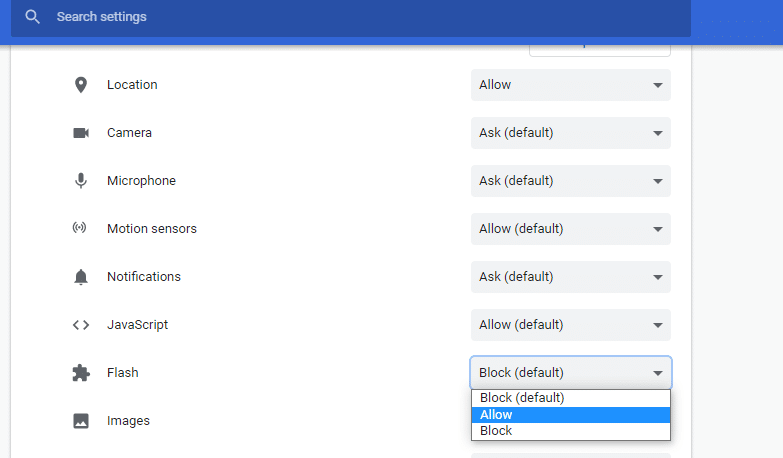 ที่นี่เลื่อนลงและตรงไปที่ตัวเลือก Flash