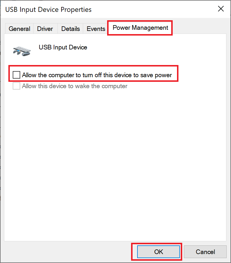Deseleziona la casella accanto a "Consenti al computer di spegnere questo dispositivo per risparmiare energia". Fai clic su OK