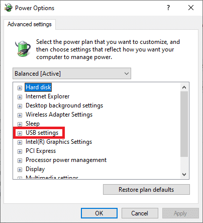 Qui, nel menu Impostazioni avanzate, espandi l'opzione Impostazioni USB facendo clic sull'icona +. Fix USB continua a disconnettersi e riconnettersi