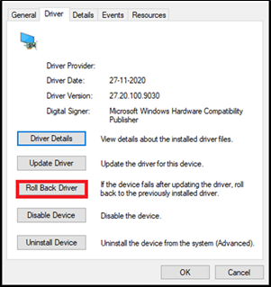 passare alla scheda Driver e selezionare Ripristina driver