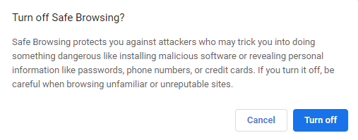 Qui, fai clic su Disattiva per procedere. Risolvi il problema di download del blocco di Chrome
