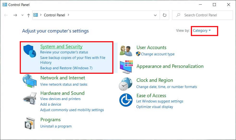 selezionare Visualizza per come categoria e fare clic su Sistema e sicurezza.