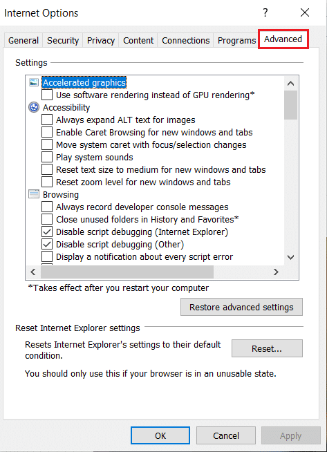 เลือกแท็บขั้นสูงใน Internet Option ใน Internet Explorer